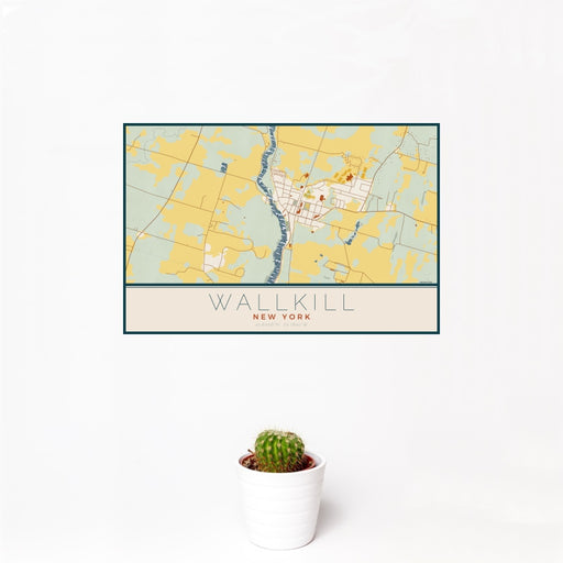 12x18 Wallkill New York Map Print Landscape Orientation in Woodblock Style With Small Cactus Plant in White Planter