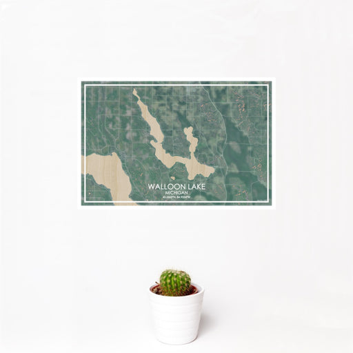 12x18 Walloon Lake Michigan Map Print Landscape Orientation in Afternoon Style With Small Cactus Plant in White Planter