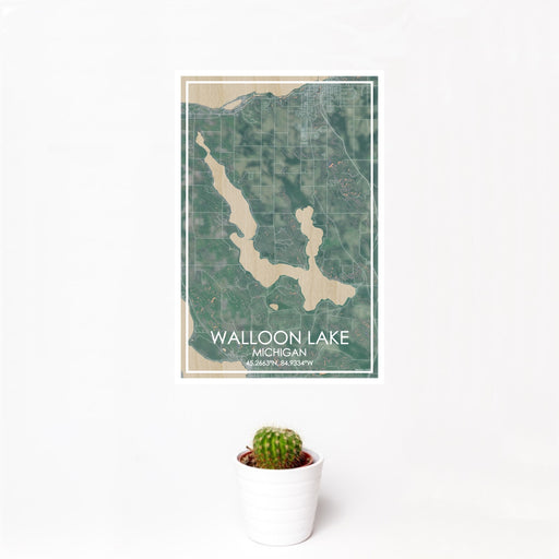 12x18 Walloon Lake Michigan Map Print Portrait Orientation in Afternoon Style With Small Cactus Plant in White Planter