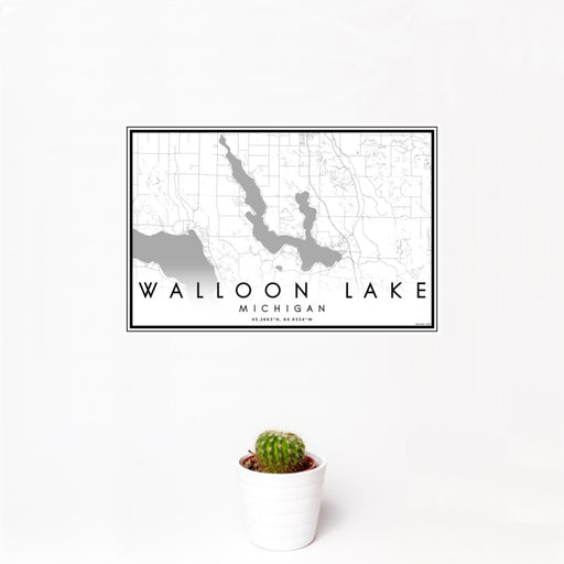 12x18 Walloon Lake Michigan Map Print Landscape Orientation in Classic Style With Small Cactus Plant in White Planter