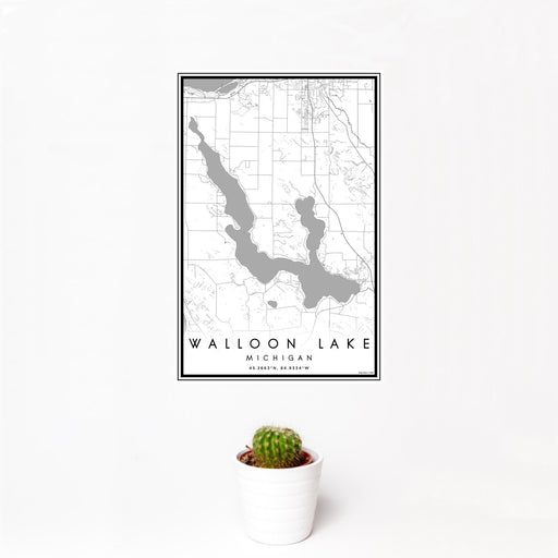 12x18 Walloon Lake Michigan Map Print Portrait Orientation in Classic Style With Small Cactus Plant in White Planter