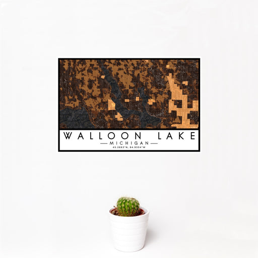 12x18 Walloon Lake Michigan Map Print Landscape Orientation in Ember Style With Small Cactus Plant in White Planter