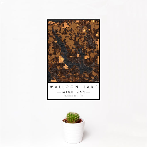 12x18 Walloon Lake Michigan Map Print Portrait Orientation in Ember Style With Small Cactus Plant in White Planter