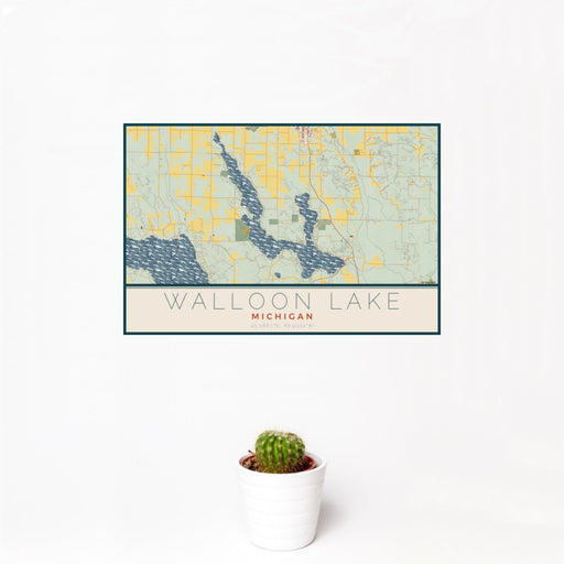 12x18 Walloon Lake Michigan Map Print Landscape Orientation in Woodblock Style With Small Cactus Plant in White Planter