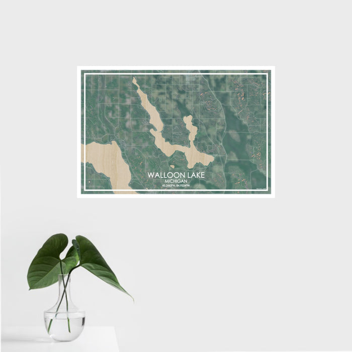 16x24 Walloon Lake Michigan Map Print Landscape Orientation in Afternoon Style With Tropical Plant Leaves in Water