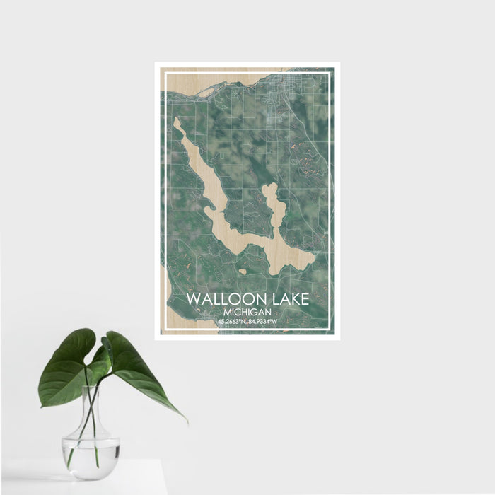 16x24 Walloon Lake Michigan Map Print Portrait Orientation in Afternoon Style With Tropical Plant Leaves in Water