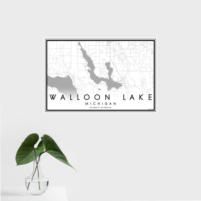 16x24 Walloon Lake Michigan Map Print Landscape Orientation in Classic Style With Tropical Plant Leaves in Water
