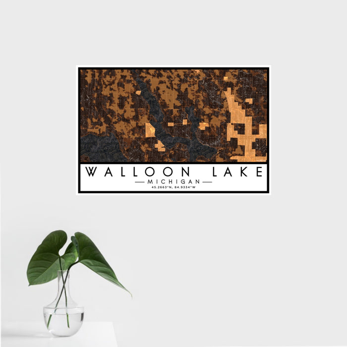 16x24 Walloon Lake Michigan Map Print Landscape Orientation in Ember Style With Tropical Plant Leaves in Water