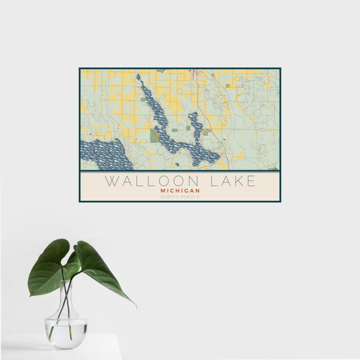 16x24 Walloon Lake Michigan Map Print Landscape Orientation in Woodblock Style With Tropical Plant Leaves in Water