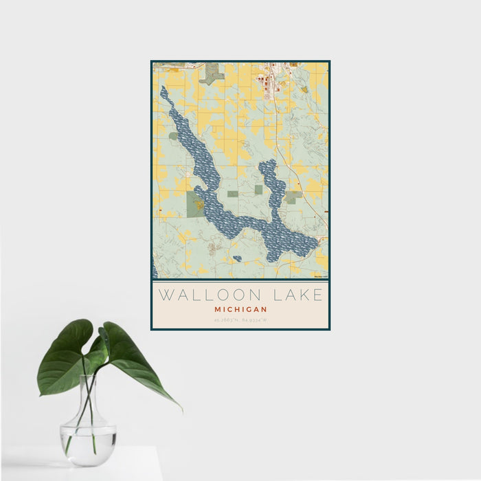 16x24 Walloon Lake Michigan Map Print Portrait Orientation in Woodblock Style With Tropical Plant Leaves in Water