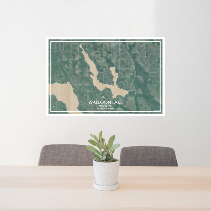 24x36 Walloon Lake Michigan Map Print Lanscape Orientation in Afternoon Style Behind 2 Chairs Table and Potted Plant