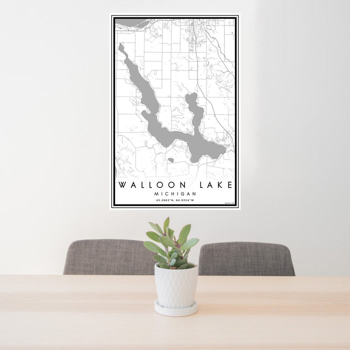 24x36 Walloon Lake Michigan Map Print Portrait Orientation in Classic Style Behind 2 Chairs Table and Potted Plant