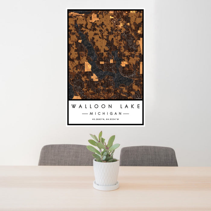24x36 Walloon Lake Michigan Map Print Portrait Orientation in Ember Style Behind 2 Chairs Table and Potted Plant