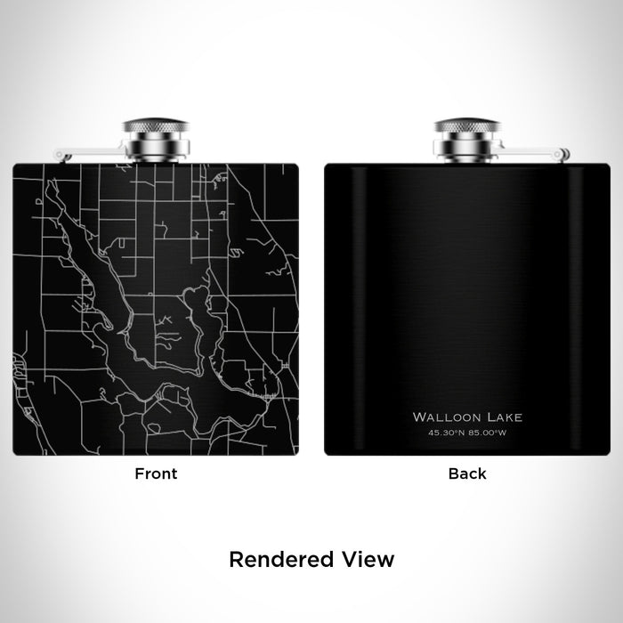 Rendered View of Walloon Lake Michigan Map Engraving on 6oz Stainless Steel Flask in Black