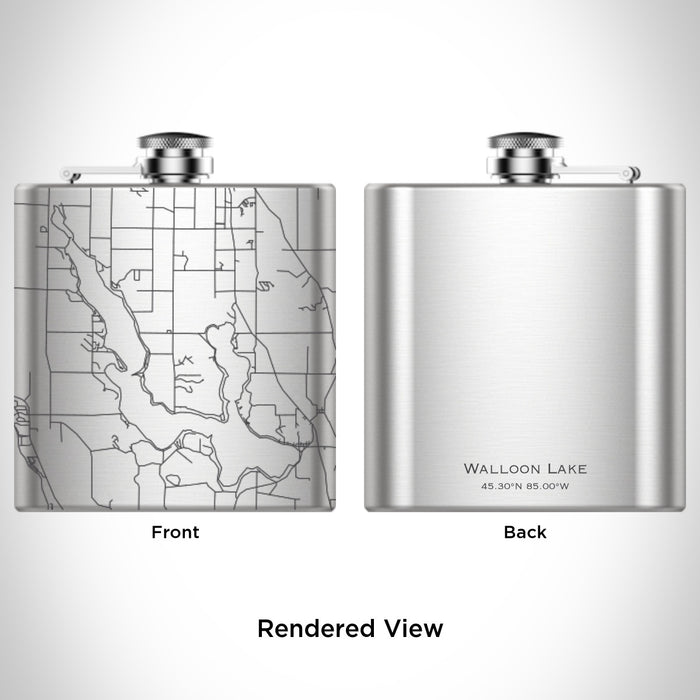 Rendered View of Walloon Lake Michigan Map Engraving on 6oz Stainless Steel Flask