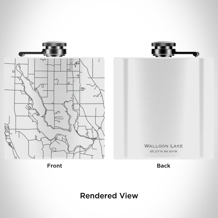 Rendered View of Walloon Lake Michigan Map Engraving on 6oz Stainless Steel Flask in White