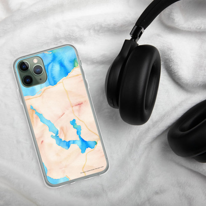 Custom Walloon Lake Michigan Map Phone Case in Watercolor on Table with Black Headphones