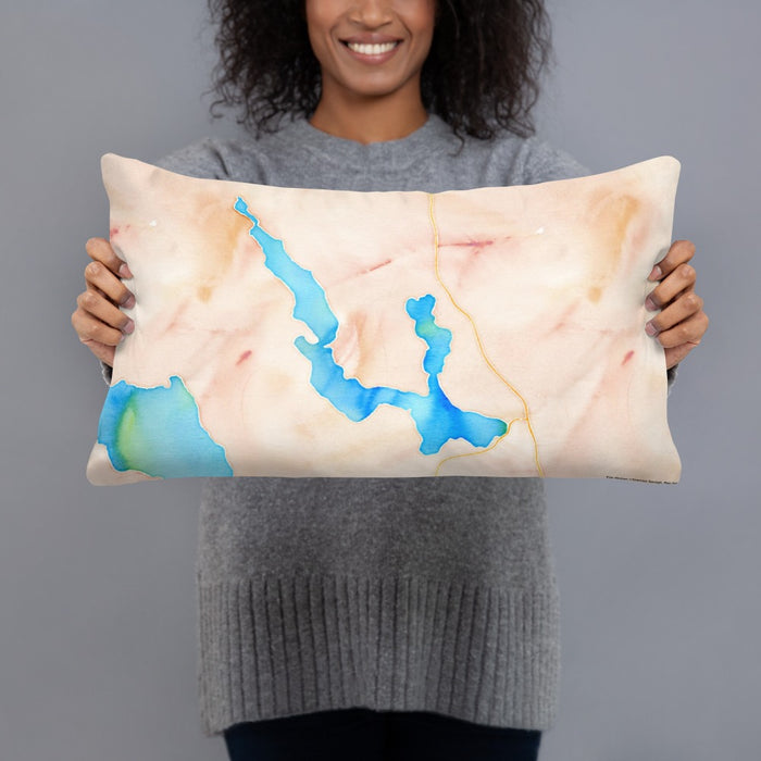 Person holding 20x12 Custom Walloon Lake Michigan Map Throw Pillow in Watercolor
