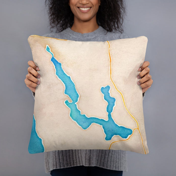 Person holding 18x18 Custom Walloon Lake Michigan Map Throw Pillow in Watercolor