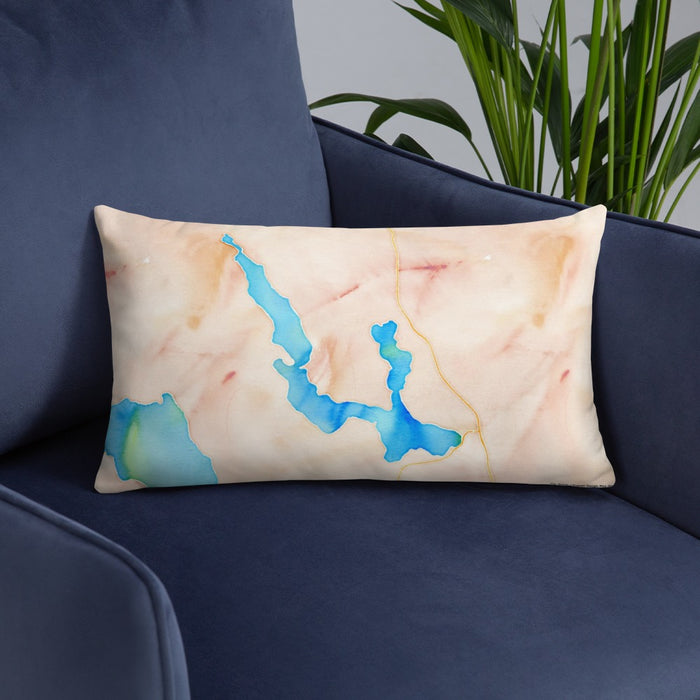 Custom Walloon Lake Michigan Map Throw Pillow in Watercolor on Blue Colored Chair
