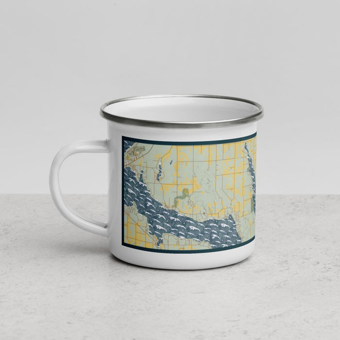 Left View Custom Walloon Lake Michigan Map Enamel Mug in Woodblock