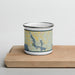 Front View Custom Walloon Lake Michigan Map Enamel Mug in Woodblock on Cutting Board