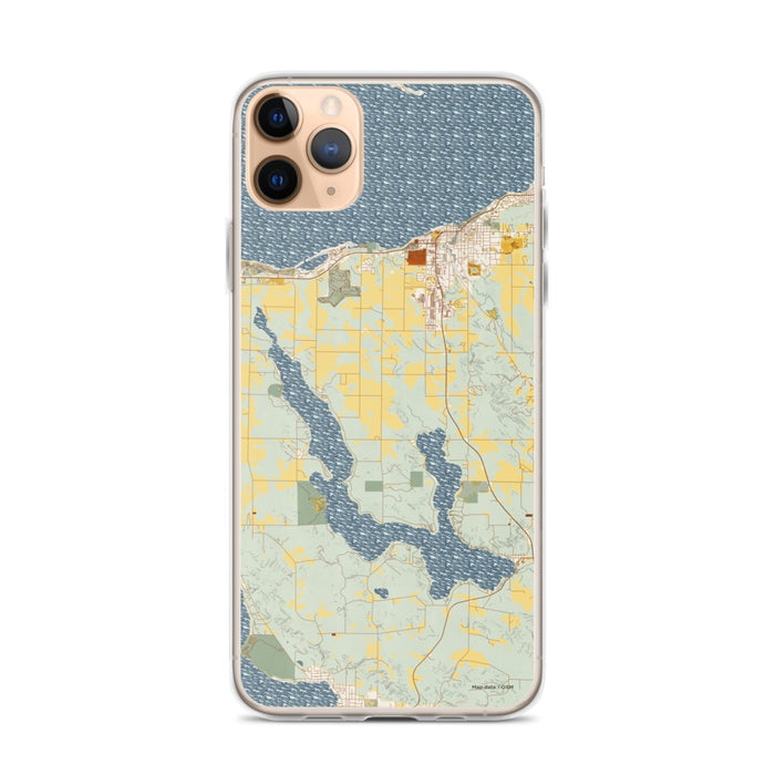 Custom iPhone 11 Pro Max Walloon Lake Michigan Map Phone Case in Woodblock
