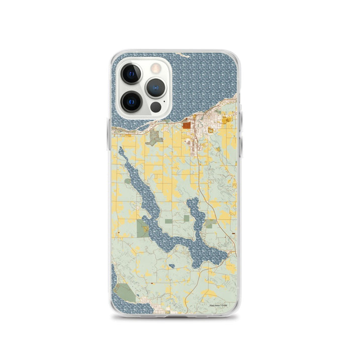 Custom iPhone 12 Pro Walloon Lake Michigan Map Phone Case in Woodblock