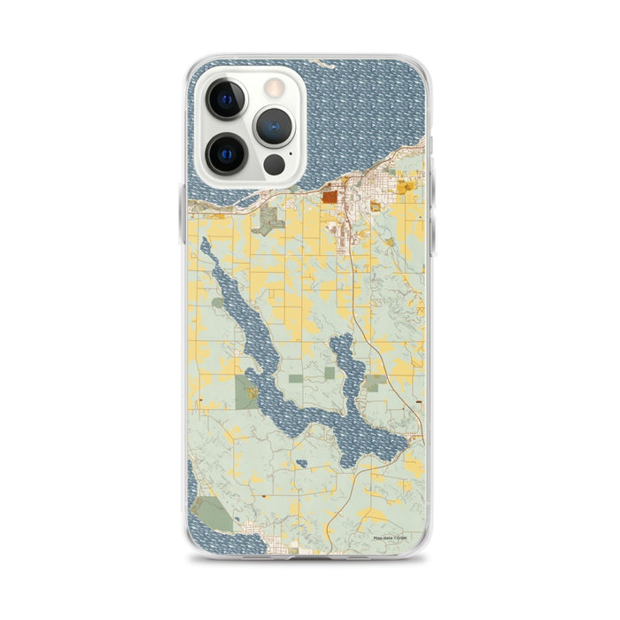 Custom iPhone 12 Pro Max Walloon Lake Michigan Map Phone Case in Woodblock