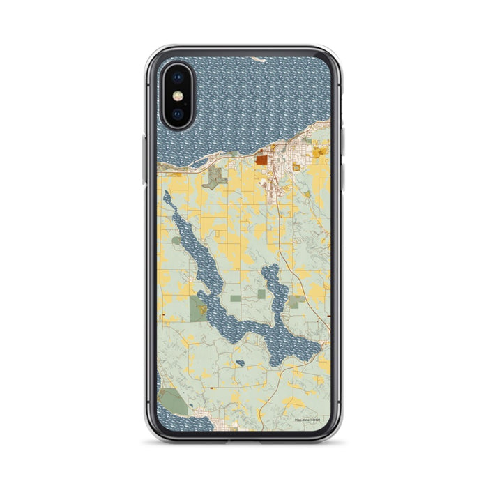 Custom iPhone X/XS Walloon Lake Michigan Map Phone Case in Woodblock