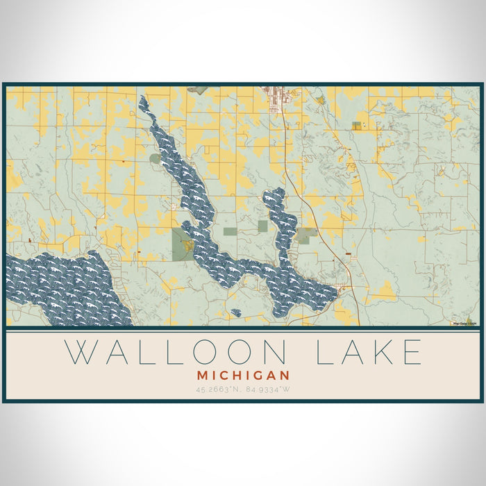 Walloon Lake Michigan Map Print Landscape Orientation in Woodblock Style With Shaded Background