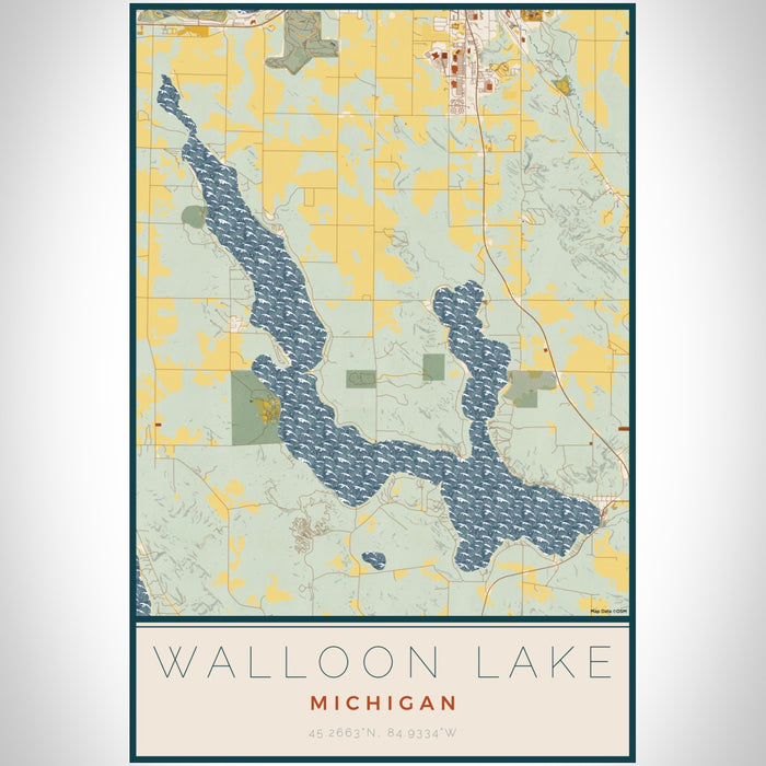 Walloon Lake Michigan Map Print Portrait Orientation in Woodblock Style With Shaded Background