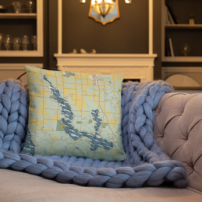 Custom Walloon Lake Michigan Map Throw Pillow in Woodblock on Cream Colored Couch