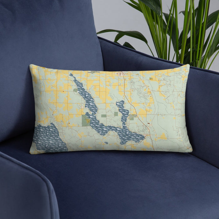Custom Walloon Lake Michigan Map Throw Pillow in Woodblock on Blue Colored Chair