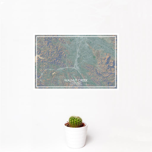 12x18 Walnut Creek California Map Print Landscape Orientation in Afternoon Style With Small Cactus Plant in White Planter