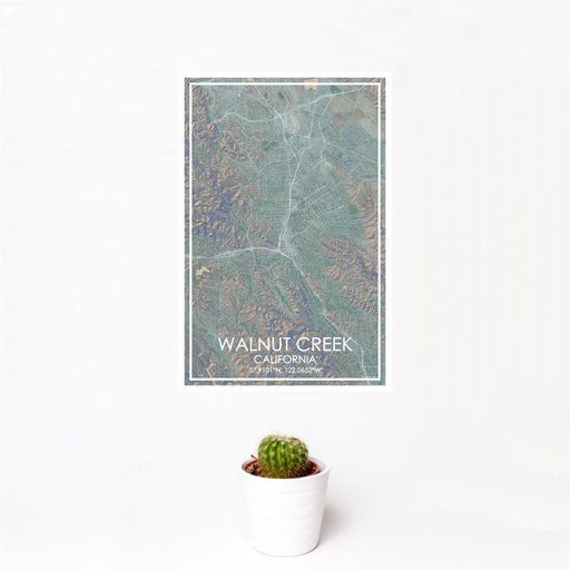 12x18 Walnut Creek California Map Print Portrait Orientation in Afternoon Style With Small Cactus Plant in White Planter