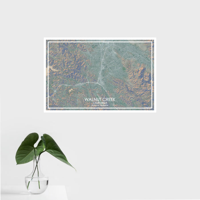 16x24 Walnut Creek California Map Print Landscape Orientation in Afternoon Style With Tropical Plant Leaves in Water