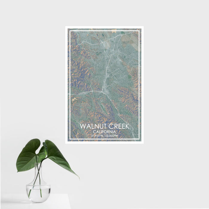 16x24 Walnut Creek California Map Print Portrait Orientation in Afternoon Style With Tropical Plant Leaves in Water