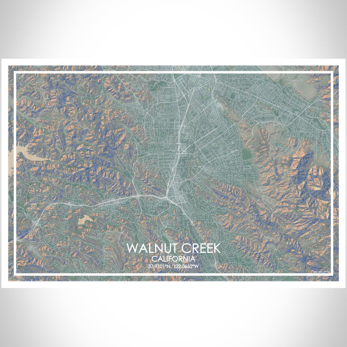 Walnut Creek California Map Print Landscape Orientation in Afternoon Style With Shaded Background