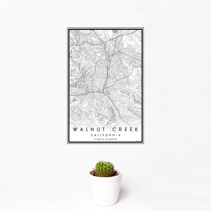 12x18 Walnut Creek California Map Print Portrait Orientation in Classic Style With Small Cactus Plant in White Planter