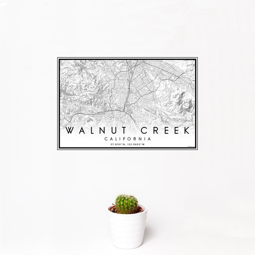 12x18 Walnut Creek California Map Print Landscape Orientation in Classic Style With Small Cactus Plant in White Planter