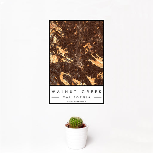 12x18 Walnut Creek California Map Print Portrait Orientation in Ember Style With Small Cactus Plant in White Planter