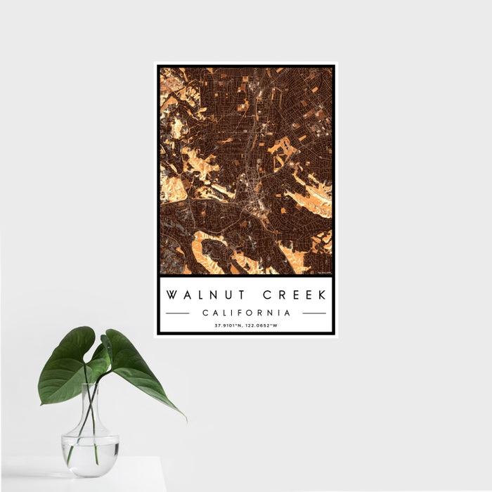 16x24 Walnut Creek California Map Print Portrait Orientation in Ember Style With Tropical Plant Leaves in Water