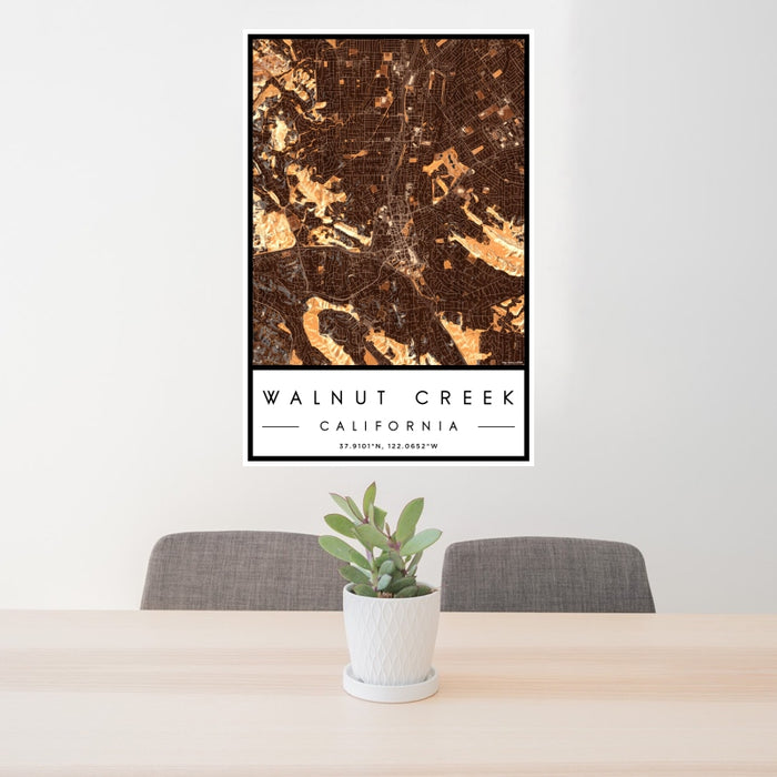 24x36 Walnut Creek California Map Print Portrait Orientation in Ember Style Behind 2 Chairs Table and Potted Plant