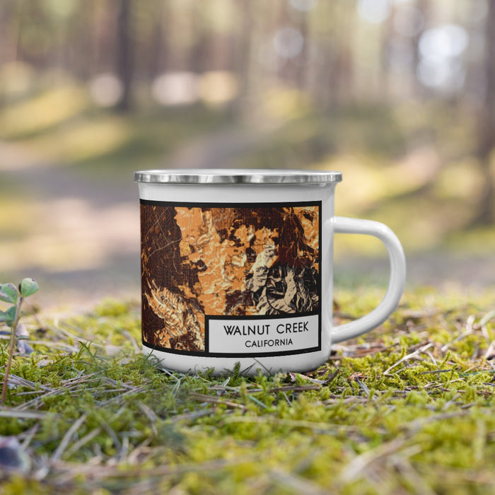 Right View Custom Walnut Creek California Map Enamel Mug in Ember on Grass With Trees in Background