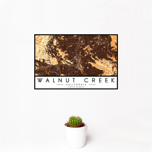 12x18 Walnut Creek California Map Print Landscape Orientation in Ember Style With Small Cactus Plant in White Planter