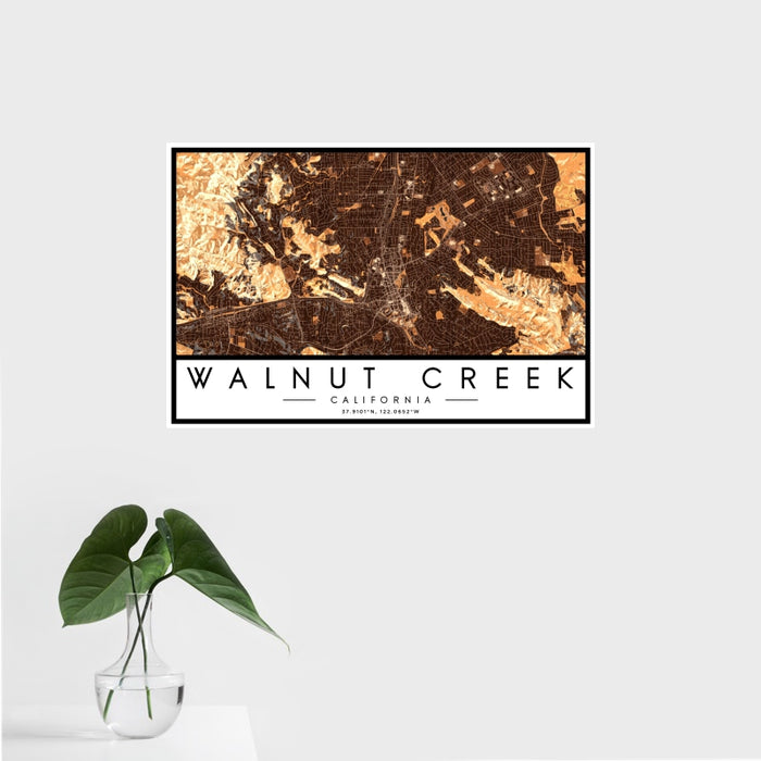 16x24 Walnut Creek California Map Print Landscape Orientation in Ember Style With Tropical Plant Leaves in Water