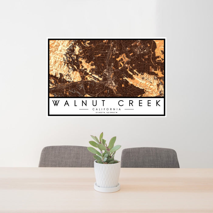24x36 Walnut Creek California Map Print Landscape Orientation in Ember Style Behind 2 Chairs Table and Potted Plant