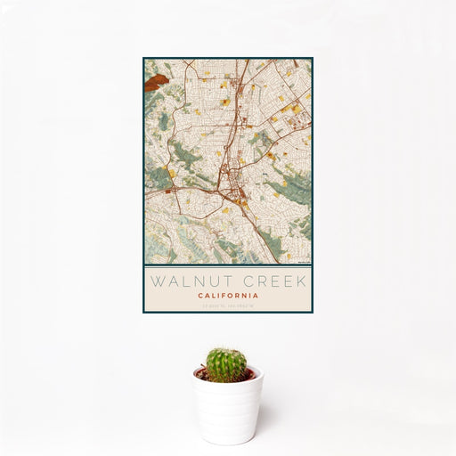 12x18 Walnut Creek California Map Print Portrait Orientation in Woodblock Style With Small Cactus Plant in White Planter