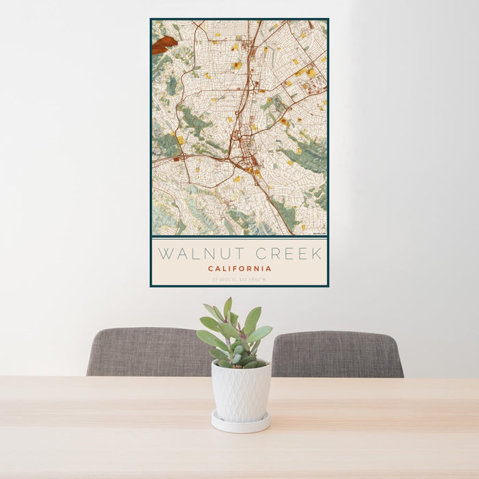 24x36 Walnut Creek California Map Print Portrait Orientation in Woodblock Style Behind 2 Chairs Table and Potted Plant
